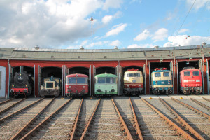 Aus dem Lokschuppen in Siegen schauen 57 3088, 332 090, 796 690, ein 798, 103 226 und 141 248 heraus, aufgenommen am 20.08.2016.