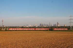Zwei 423 zieren die Frankfurter Skyline im Feld bei Weißkirchen auf der Homburger Bahn, aufgenommen am 29.09.2016.