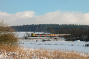 Zwei VT2E der HLB an einer Pferdeweide bei Hundstadt auf der Taunusbahn, aufgenommen am 16.01.2017.