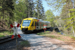 Ein LINT der HLB im Wald bei Köppern auf der Taunusbahn, aufgenommen am 23.04.2015.