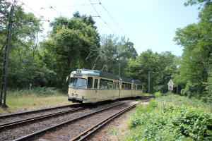 Zum "Frankfurter Tag der Verkehrsgeschichte" fährt der O-Wagen 110 durch ein Waldstück kurz vor der Strassenbahnhaltestelle Waldfriedhof-Goldstein in Frankfurt.