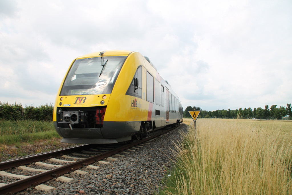 Ein LINT der HLB durchquert am 27.06.2015 die Felder bei Liederbach auf der Königsteiner Bahn.
