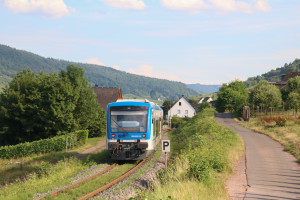 650 132 und 650 131 fahren pfeifend in den Weinbauort Reil auf der Moselweinbahn ein, aufgenommen am 07.07.2017.