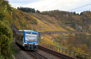 650 131 überquert das Pündericher Hangviadukt auf der Moselstrecke, aufgenommen am 25.10.2017.
