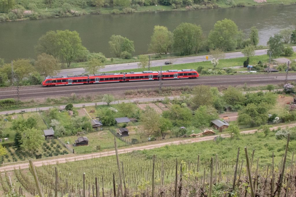 442 208 an den Kleingärten bei Moselkern auf der Moselstrecke, aufgenommen am 01.05.2018.
