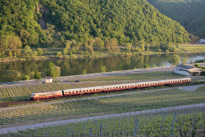 103 113 durcheilt mit ihrem TEE die Weinberge bei Müden auf der Moselstrecke, aufgenommen am 01.05.2018.
