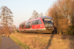 642 017 bei Glauberg auf der Niddertalbahn, aufgenommen am 20.01.2019.
