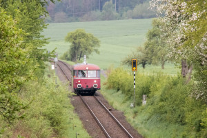 798 829 passiert die blühende Landschaft bei Grünberg auf der Vogelsbergbahn, aufgenommen am 28.04.2019.
