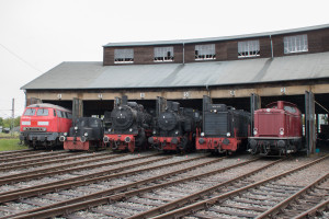 225 133, 212 062 sowie einige Dampfloks stehen im Lokschuppen des Bahnbetriebswerkes in Hanau, aufgenommen am 04.05.2019.