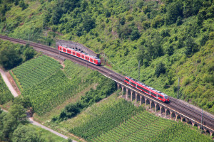 Zugbegegnung auf dem Pündericher Hangviadukt durch einen 442 und einen 425 der DB, aufgenommen am 18.07.2020.