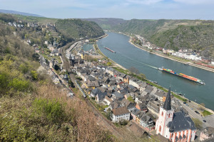 Ein 460 von Trans-Regio durchquert St. Goar auf der linken Rheinstrecke, aufgenommen am 24.04.2021.