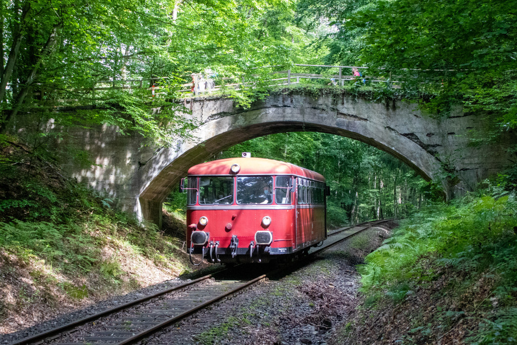 798 729 unterquert eine Brücke auf der Kasbachtalbahn, aufgenommen am 11.08.2021.