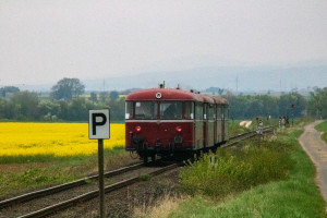 798 829, 996 310, 798 589 und 996 677 kurz nach einer Pfeiftafel bei Echzell auf der Horlofftalbahn, aufgenommen am 24.04.2022.