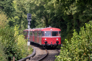 996 677, 798 589, 996 310 und 798 829 im Wald an der Saalburgssiedlung auf der Taunusbahn, aufgenommen am 11.09.2022.
