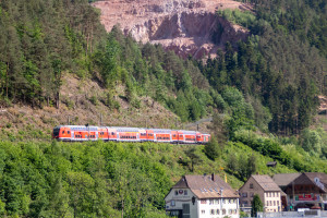 Ein Zug mit einer 146 und Doppelstockwagen am Wald bei Niederwasser auf der Schwarzwaldbahn, aufgenommen am 25.05.2022.