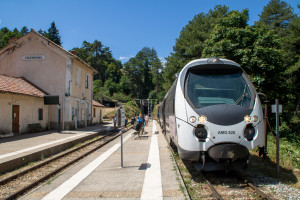 Ein AMG-800-Triebwagen hält im Bahnhof Vizzavona, aufgenommen am 11.07.2025 auf Korsika.