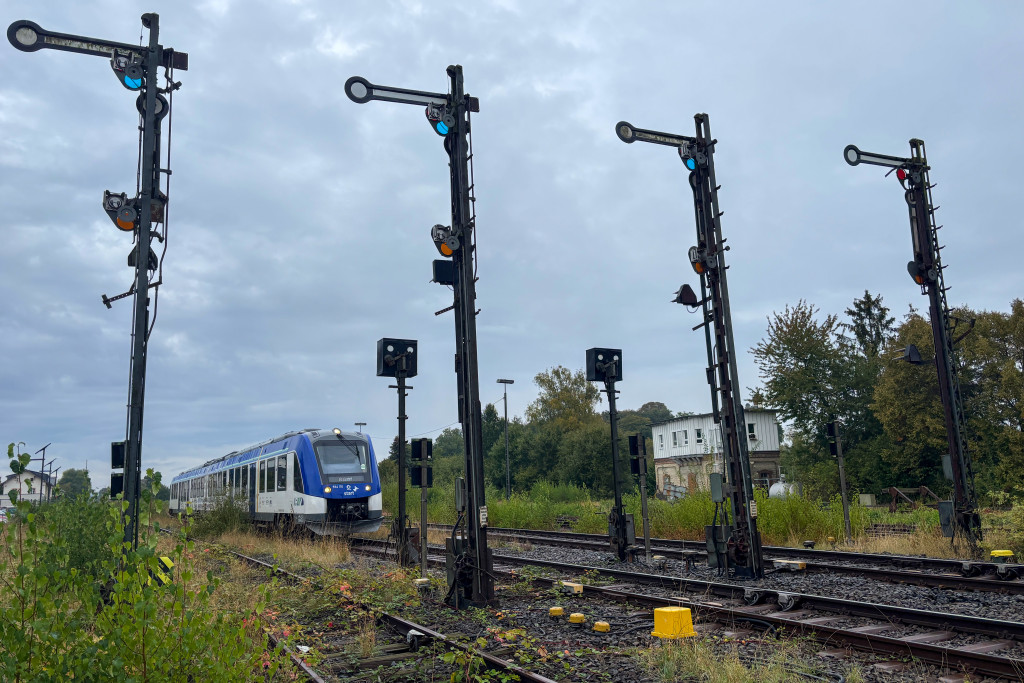 554 110 steht an den Ausfahrsignalen im Bahnhof Hungen auf der Lahn-Kinzig-Bahn, aufgenommen am 02.10.2024.