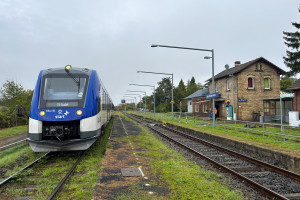 554 110 hält im Bahnhof Ober-Widdersheim auf der Lahn-Kinzig-Bahn, aufgenommen am 02.10.2024.