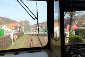 Blick aus dem Esslinger Triebwagen VT408 am 09.04.2015 als "Wipperliese" in Friesdorf.