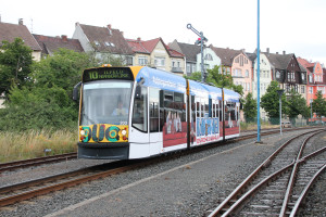 Ein Combino Duo im Bahnhof Nordhausen auf der Harzquerbahn, aufgenommen am 03.07.2016.