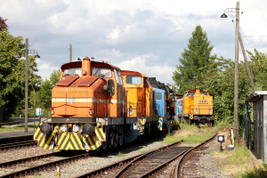 110 171 versteckt sich im Bahnhof Klostermansfeld hinter Loks der Firma Henschel, aufgenommen am 03.07.2016.