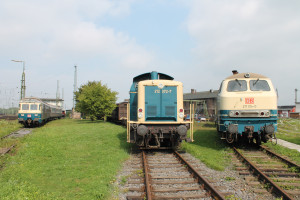 Ein Karlsruher Steuerwagen , 212 372 und 217 014 stehen im DB-Museum in Koblenz-Lützel, aufgenommen am 05.09.2014.